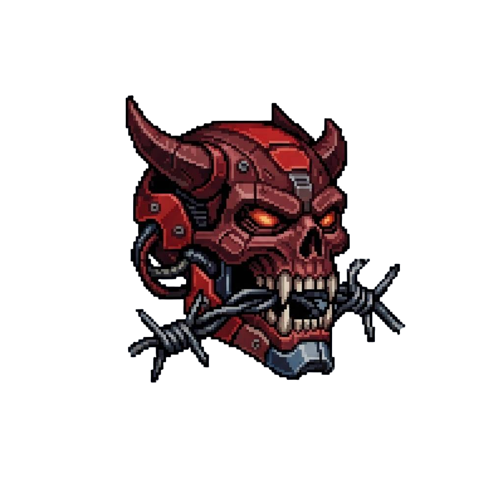 A Ferocious Cybernetic Demon Skull Crushing Barbed Wire in Its Jaws