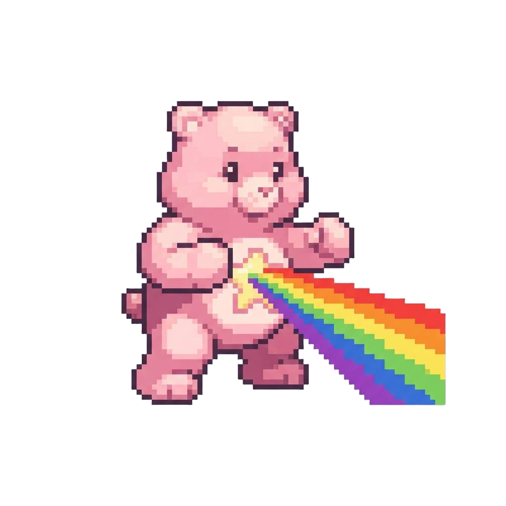 A Glowing Pastel-pink Bear Firing a Blinding Rainbow Beam From Its Tummy