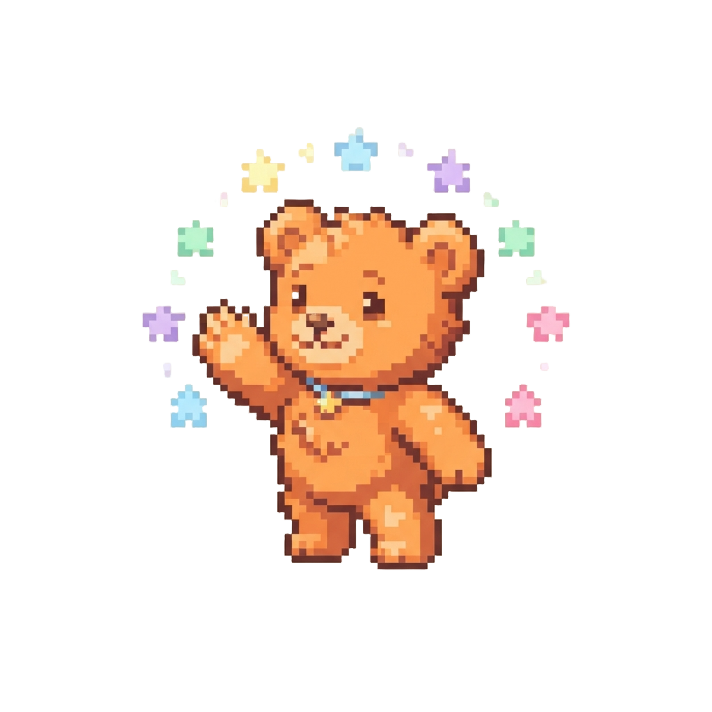 A Cheerful Orange Friend Bear Waving Amidst a Halo of Pastel Stars