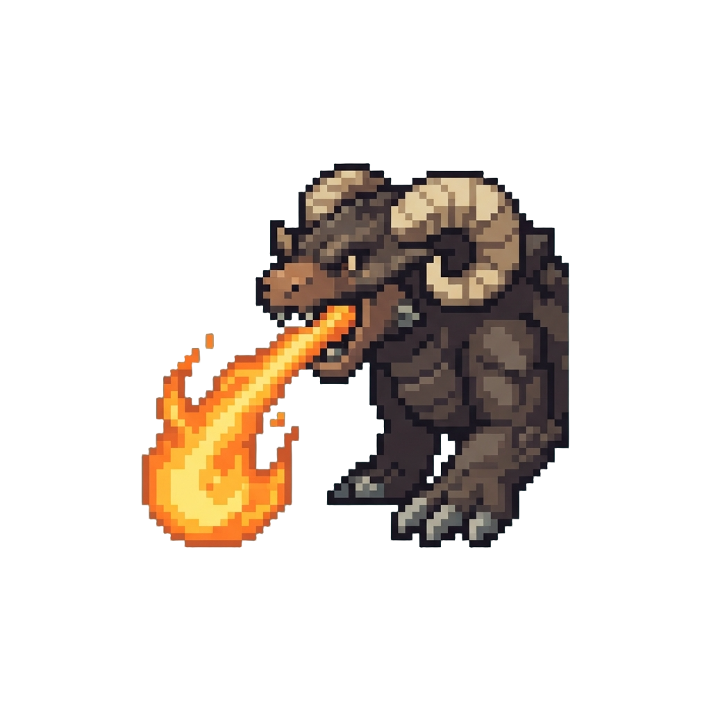A Fierce Horned Mountain-beast Exhaling a Steady Stream of Miniature Flame