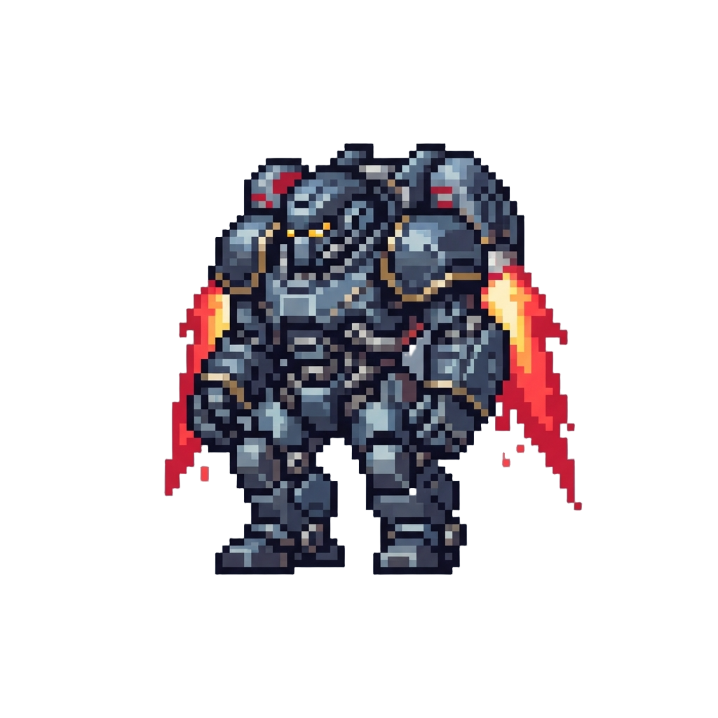 A Cybernetic Mecha-goliath Venting Superheated Crimson Fire Jets