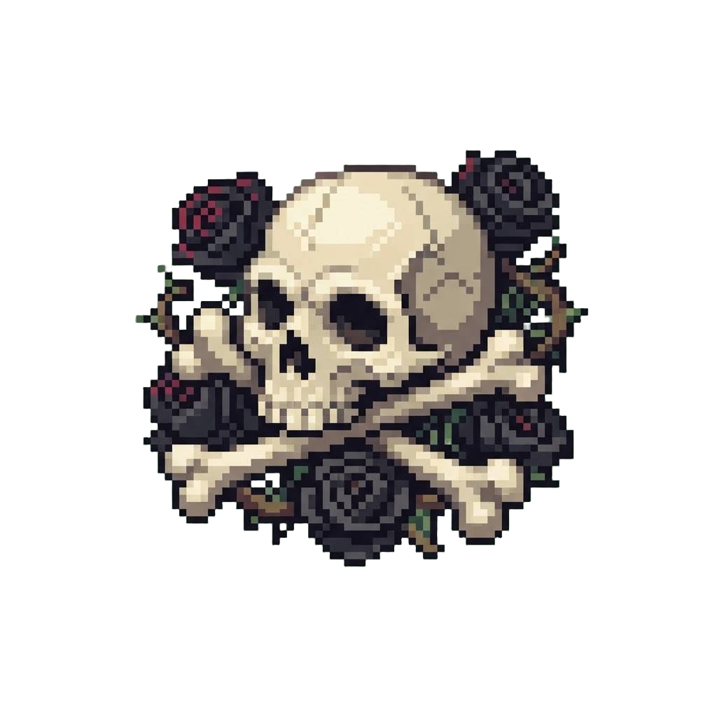 A Classic Skull and Crossed Bones Surrounded by Thorny Black Roses