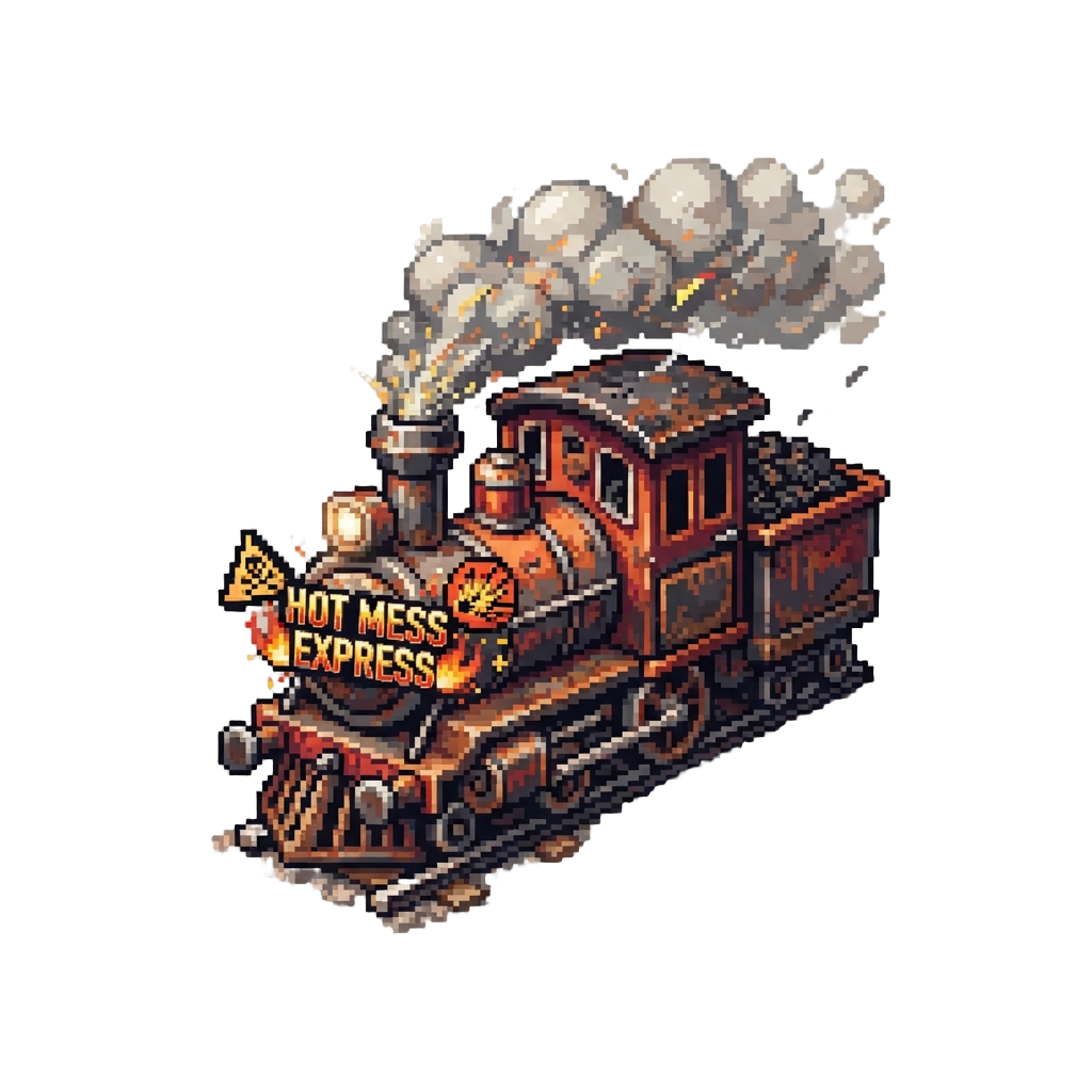 A Pixelated Arcade Font Declaring 'hot Mess Express' with Warning Signs