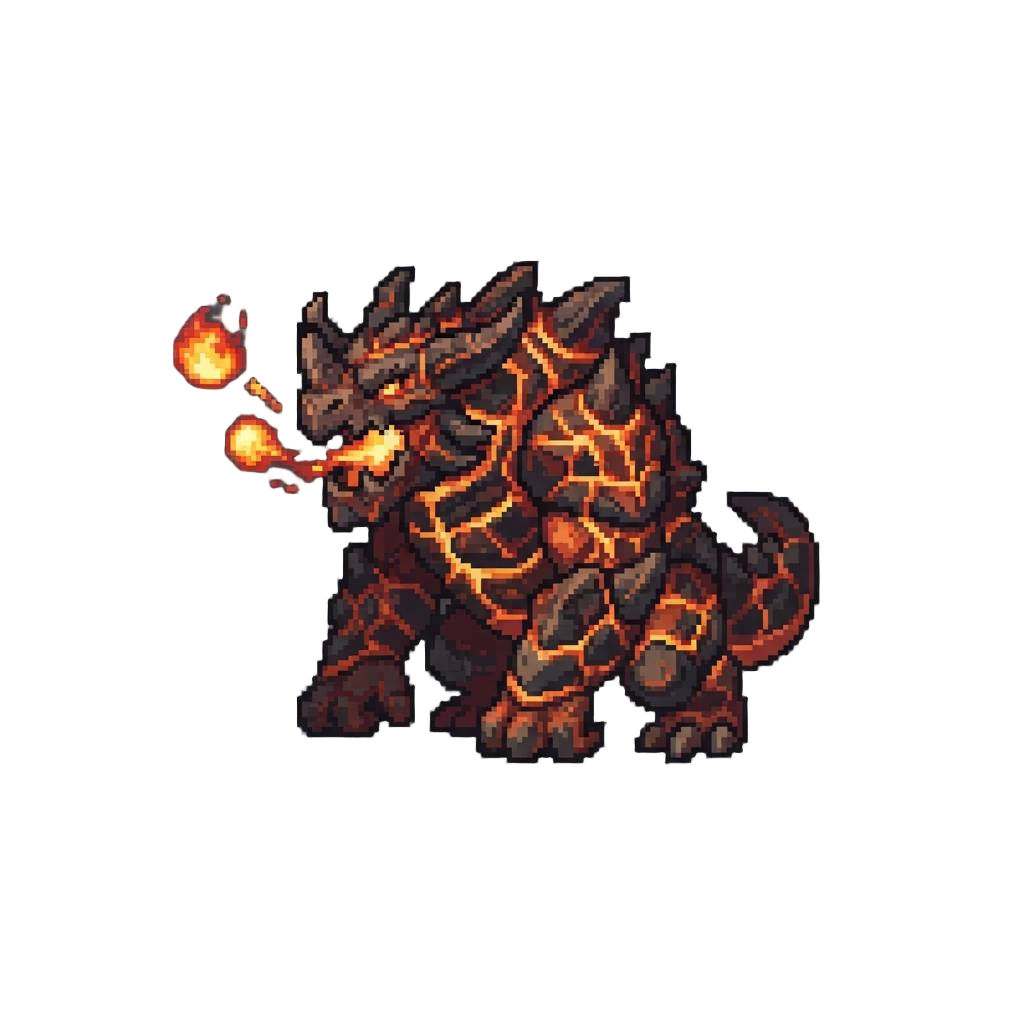 A Molten-armored Magma Behemoth Spewing Miniature Volcanic Fireballs