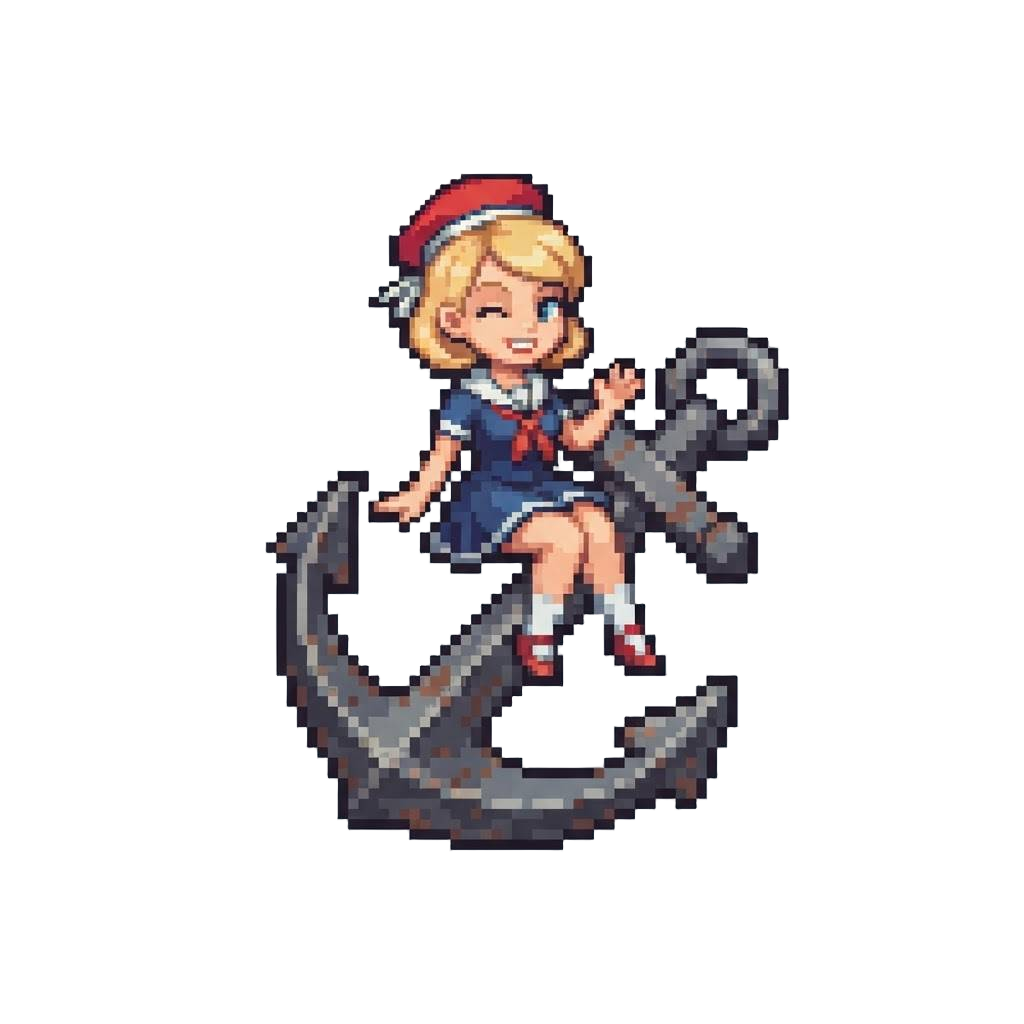 A Sailor-styled Pin-up Darling Winking While Sitting on a Ship Anchor
