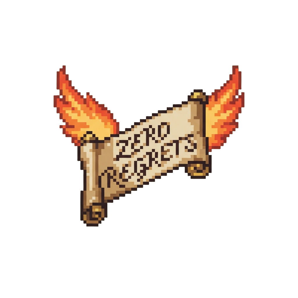 A Cursive Vintage Banner Reading 'zero Regrets' Flanked by Flame Wings