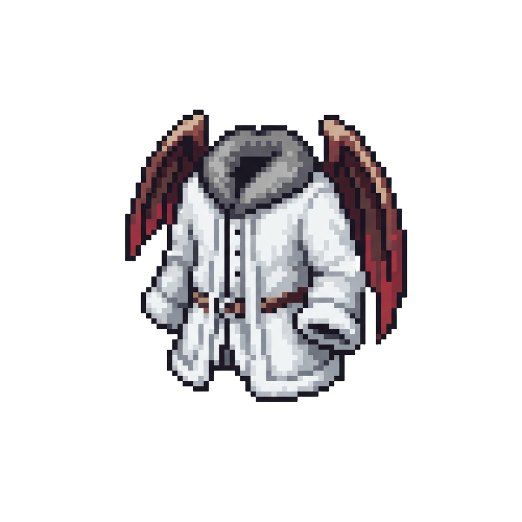 A Snow-white Fur Coat with Crimson-tipped Leather Wings