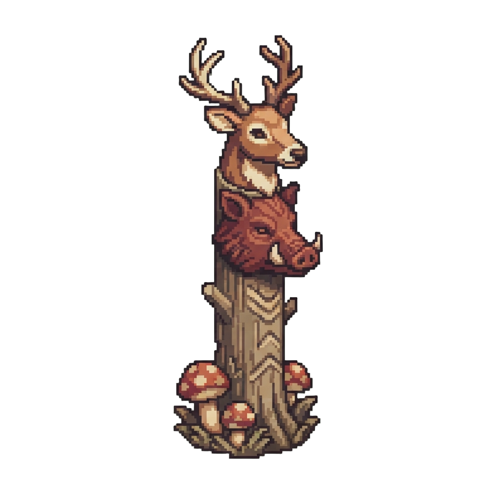A Towering Forest Totem Crowned with a Stag Over a Boar Head and Mushroom Base