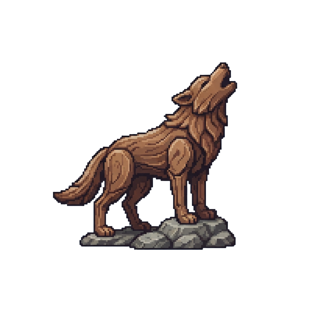 A Giant Wooden Wolf Standing on Rocky Ground Howling Upward
