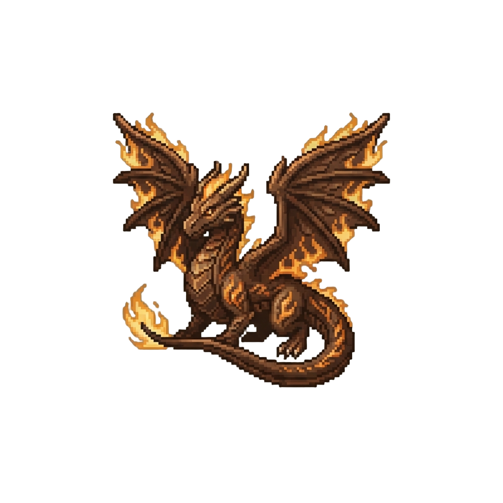 A Giant Wooden Dragon with Fully Spread Wings and Carved Flames