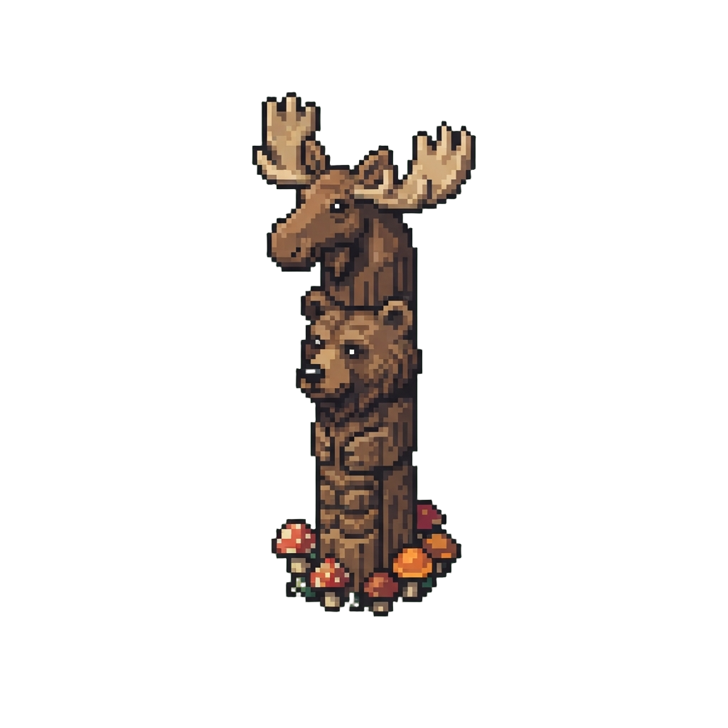 A Towering Forest Totem Crowned with a Moose Over a Bear Head and Mushroom Base