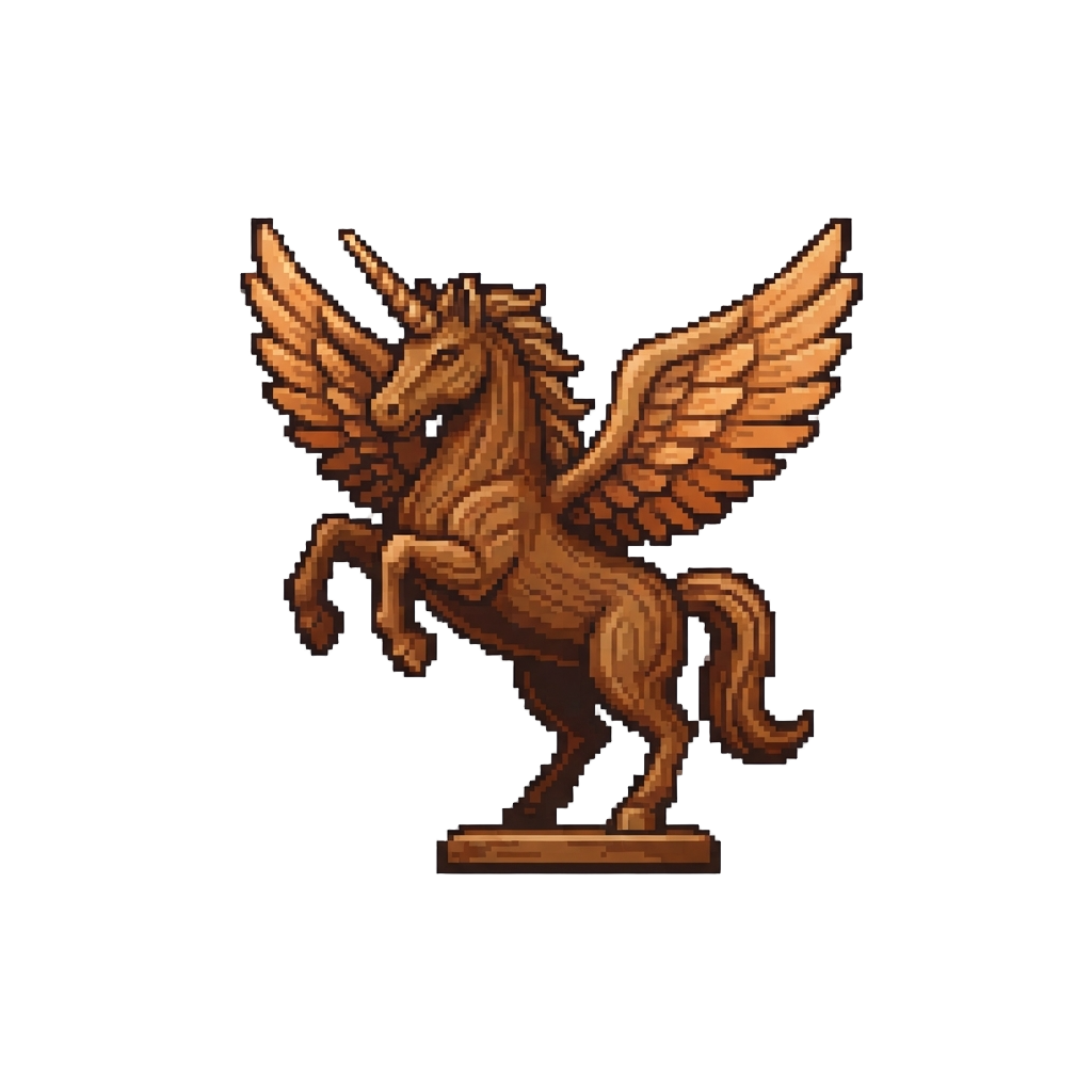 A Giant Wooden Horned Pegasus Rearing on Hind Legs with Vast Wings