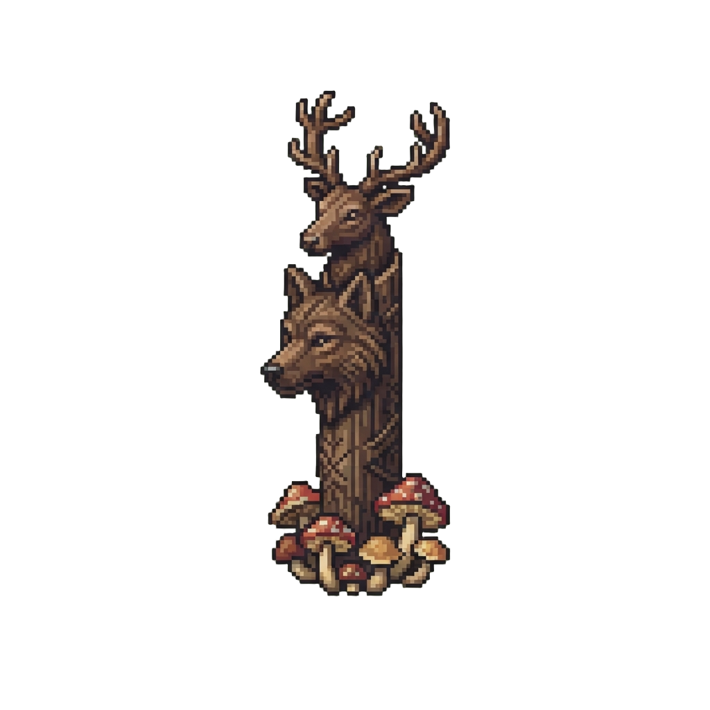 A Towering Forest Totem Crowned with a Stag Over a Wolf Head and Mushroom Base