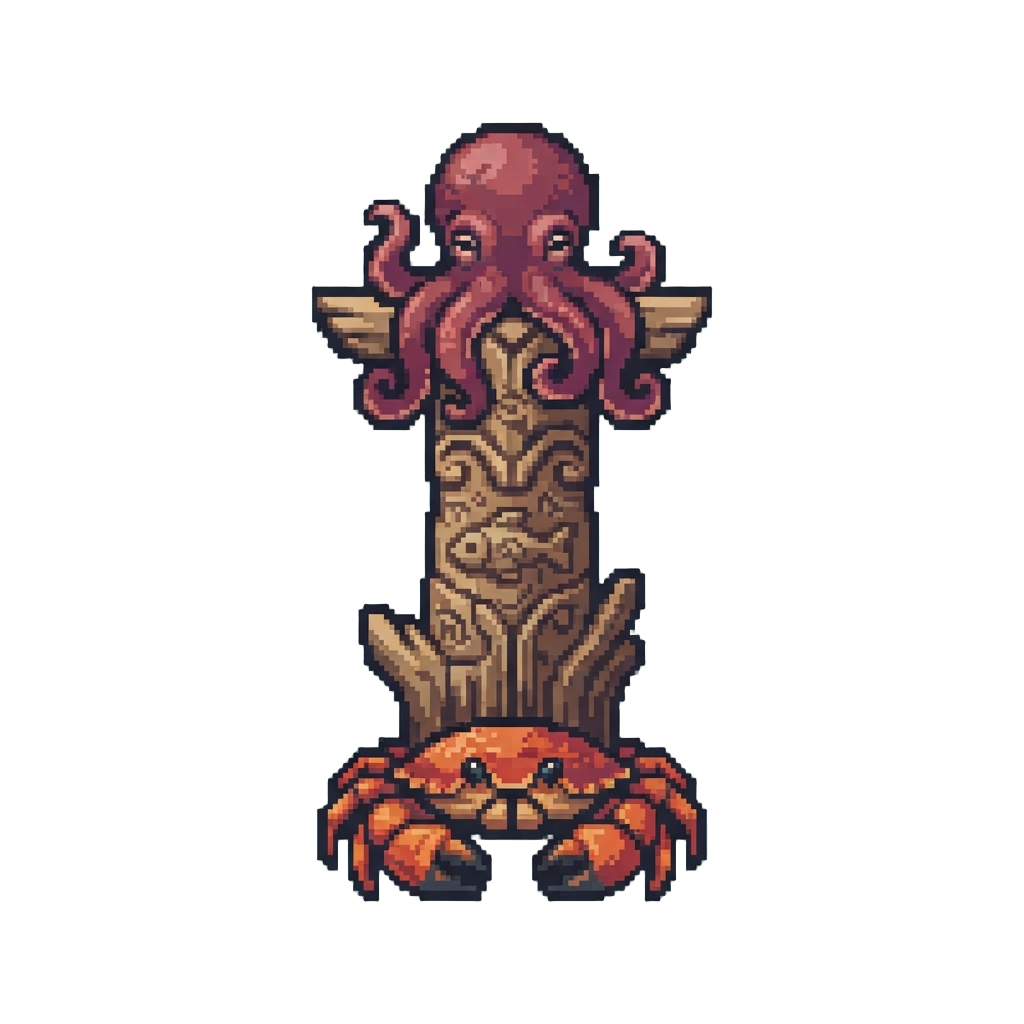 A Towering Ocean Totem Crowned with an Octopus Over a Crab and Driftwood Base