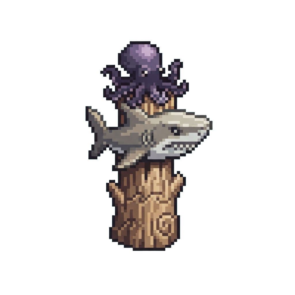 A Towering Ocean Totem Crowned with an Octopus Over a Shark Head and Driftwood Base