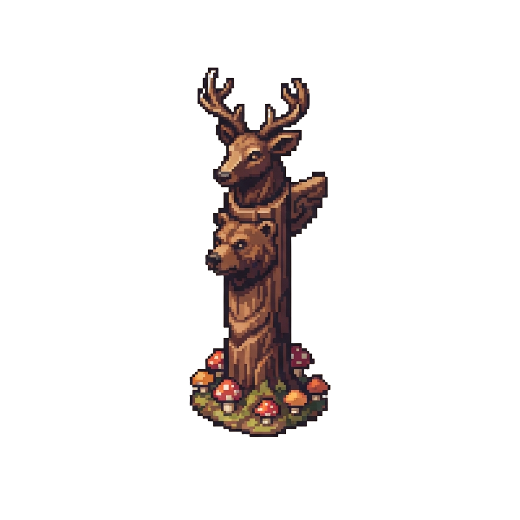 A Towering Forest Totem Crowned with a Stag Over a Bear Head and Mushroom Base