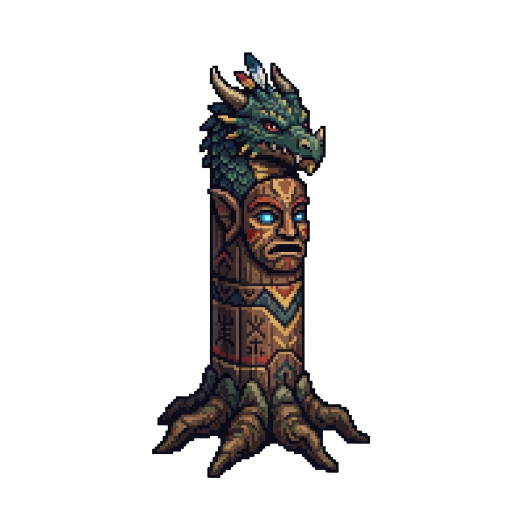 A Towering Tribal Totem Crowned with a Dragon Face Over a Tribal Mask and Root Base