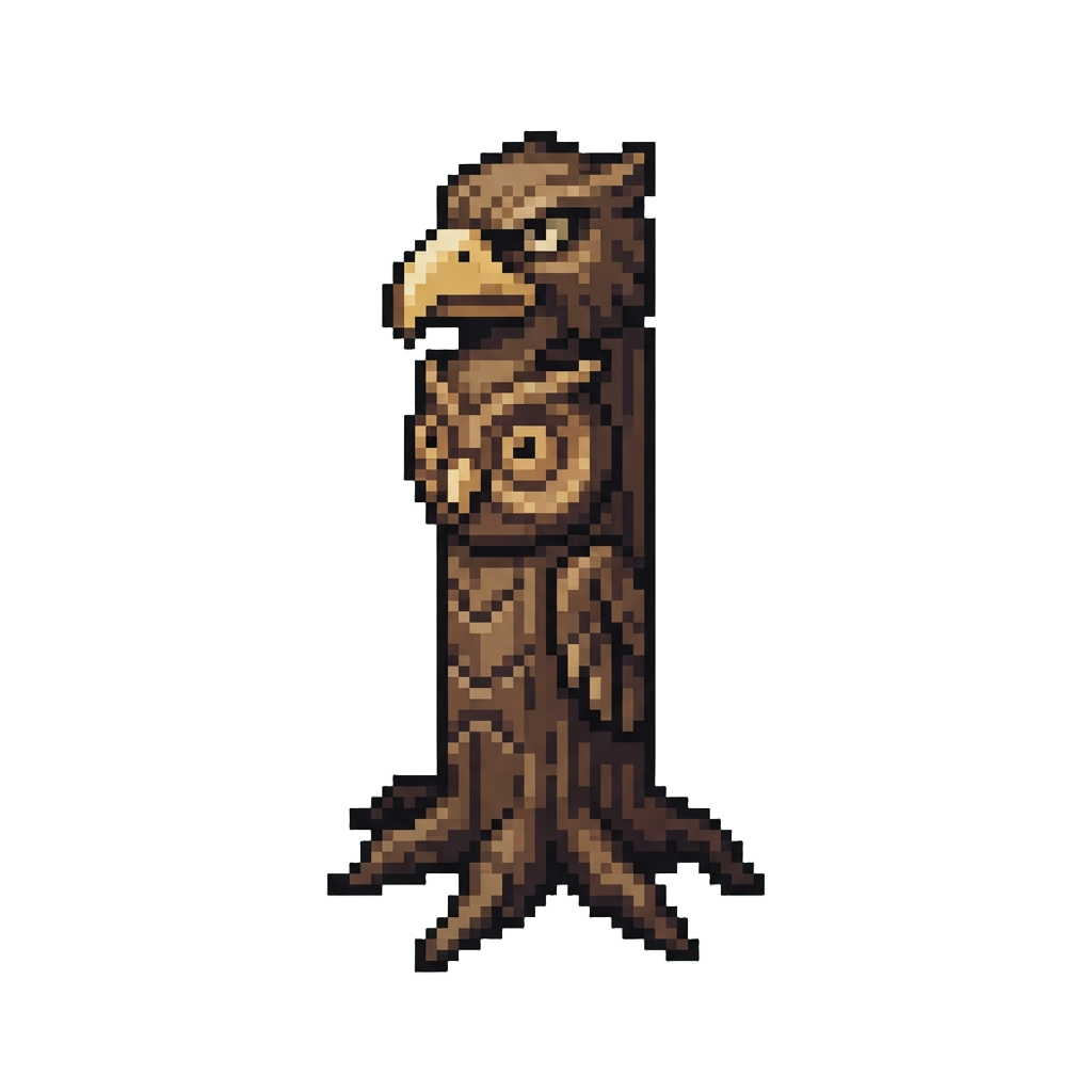 A Towering Mythical Totem Crowned with an Eagle Face Over an Owl Head and Root Base
