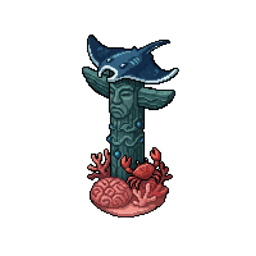 A Towering Ocean Totem Crowned with a Manta Ray Over a Crab and Coral Base