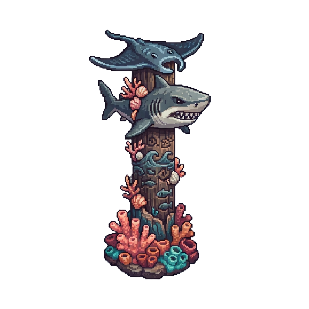A Towering Ocean Totem Crowned with a Manta Ray Over a Shark Head and Coral Base