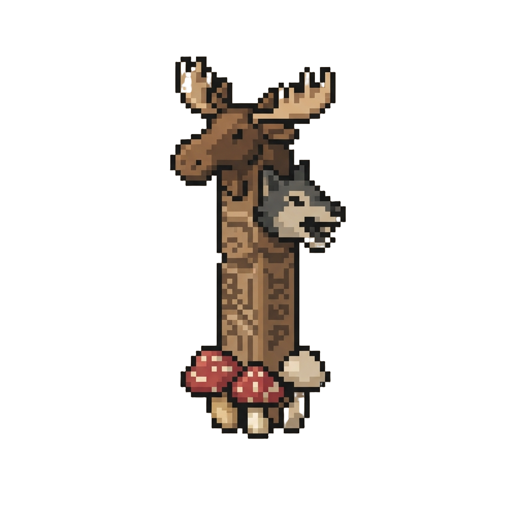 A Towering Forest Totem Crowned with a Moose Over a Wolf Head and Mushroom Base