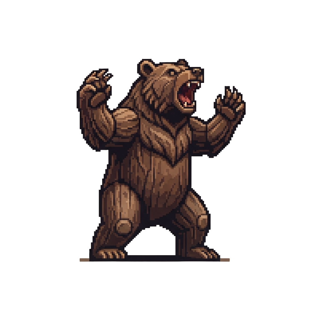 A Giant Wooden Bear Standing Upright Roaring Fiercely with Raised Claws