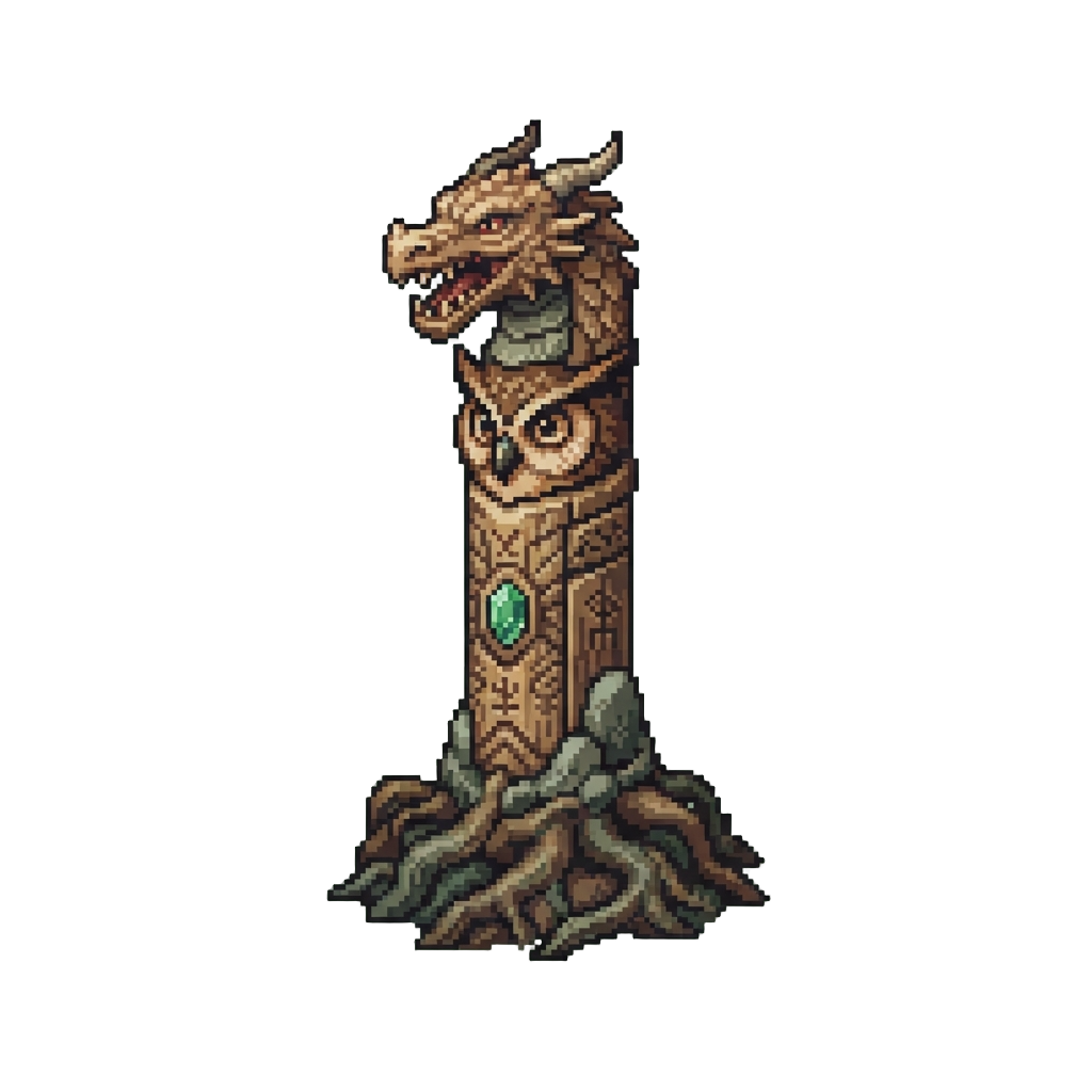 A Towering Mythical Totem Crowned with a Dragon Face Over an Owl Head and Root Base