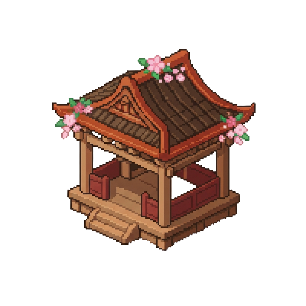 A Cherry Blossom Wooden Pavilion