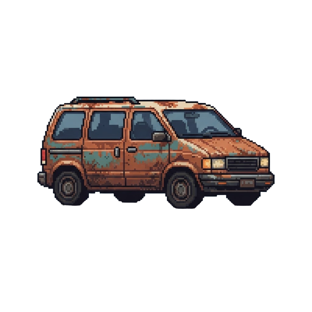 A Rusted Minivan Parked on the Dark Street