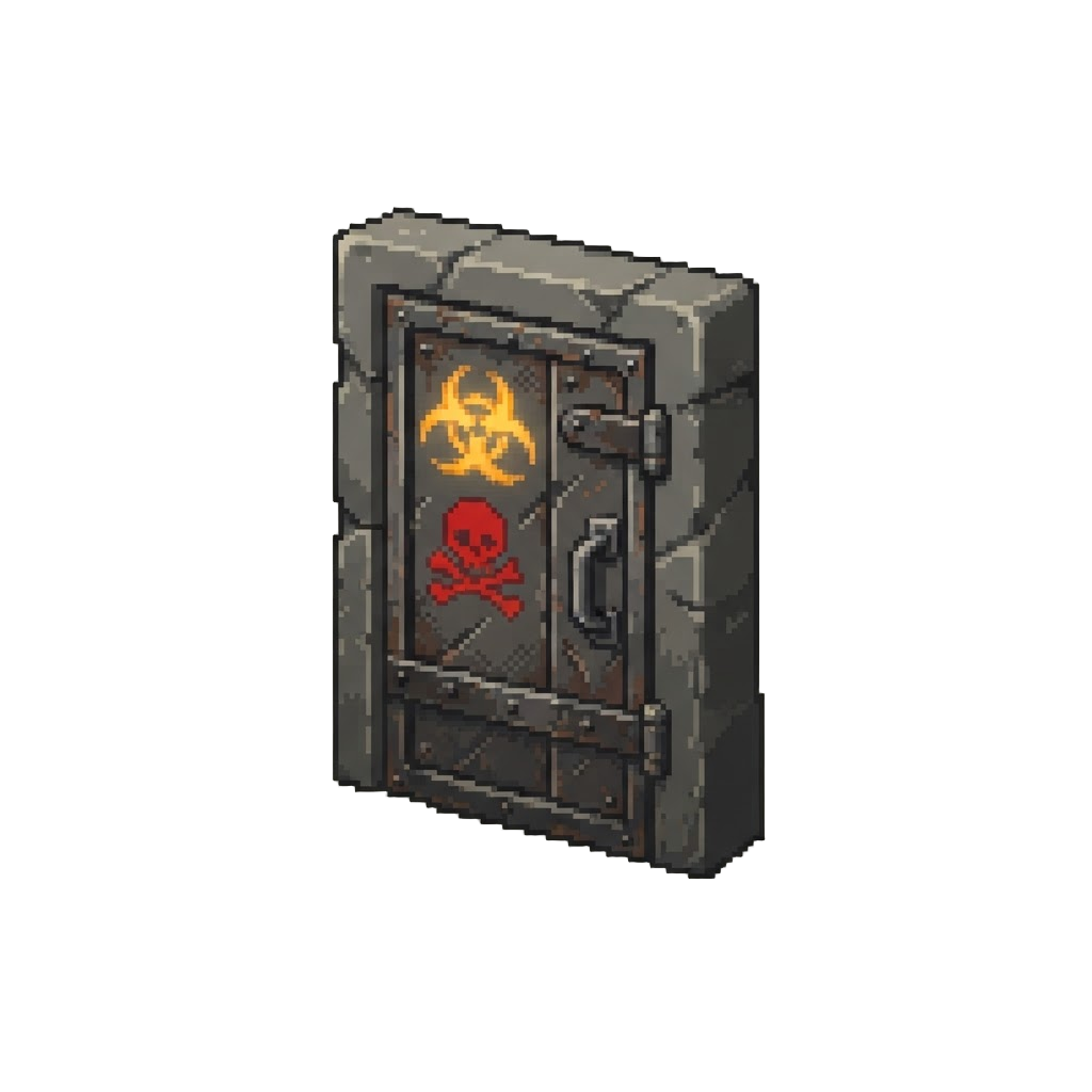 A Gloomy Metal Door Marked with Danger Symbols