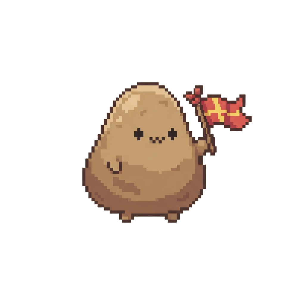A Soft Brown Triangular Potato Creature Waving a Tiny Flag