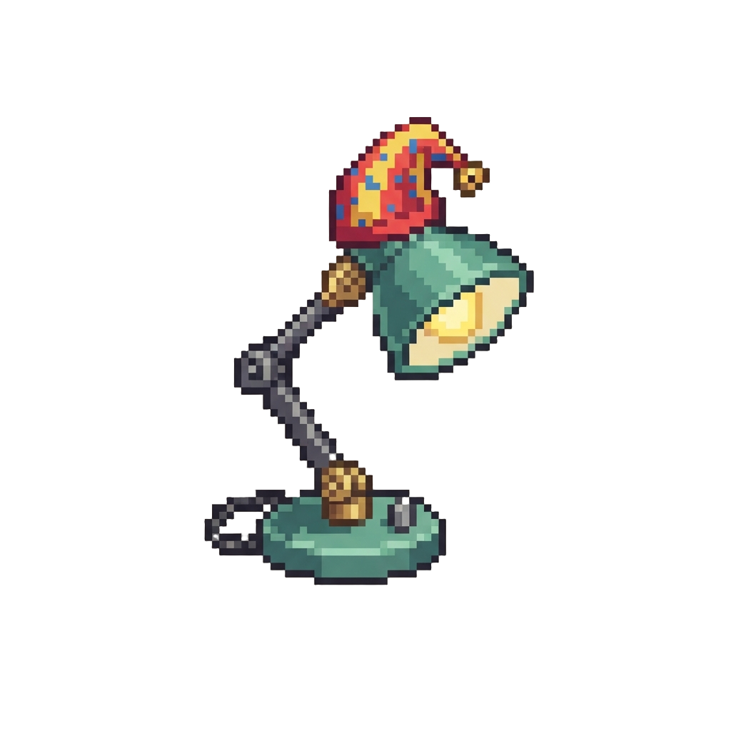 A Small Desk Lamp Wearing a Funny Hat