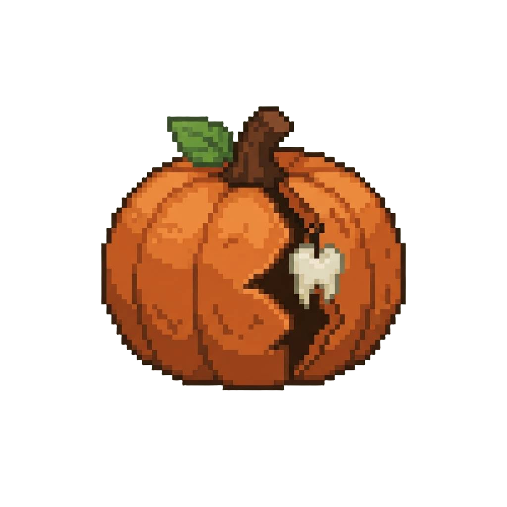 A Cracked Pumpkin with a Dangling Tooth Piece