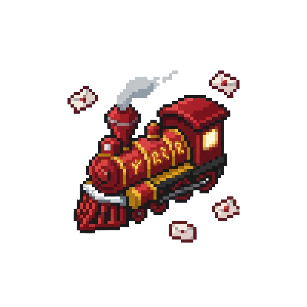 A Crimson Magic Train Surrounded by Floating Envelope Letters