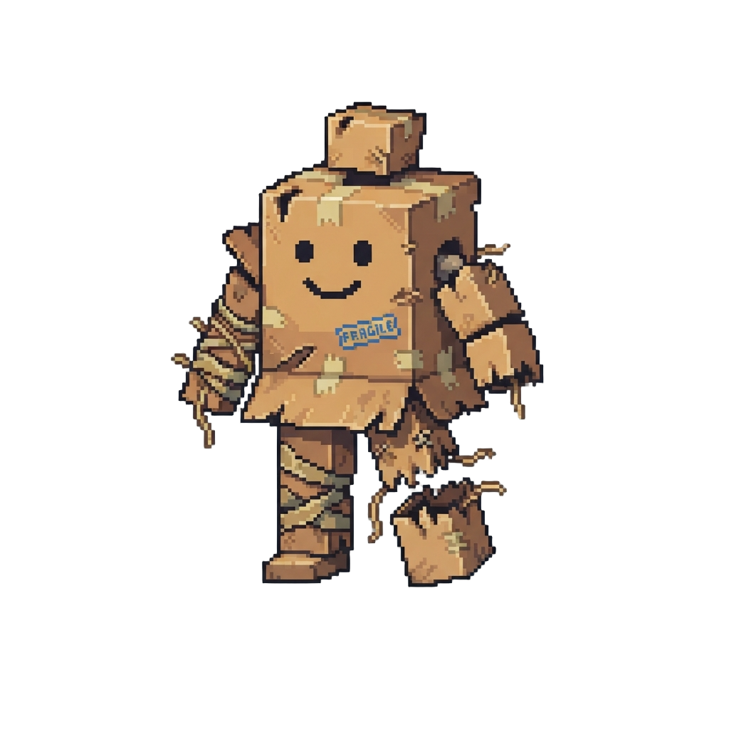 A Cardboard Box Robot Outfit Falling Apart at the Seams