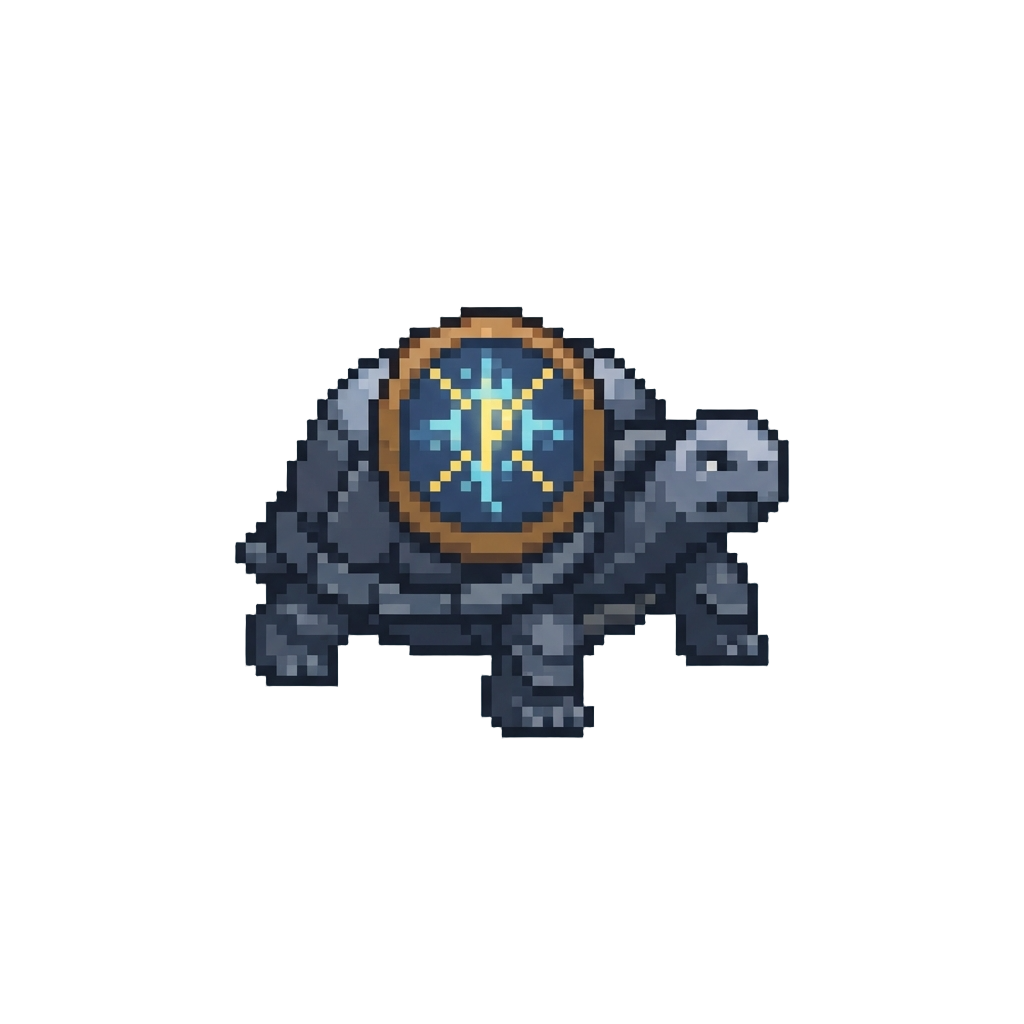 A Sturdy Iron Turtle Carrying an Arcane Shield