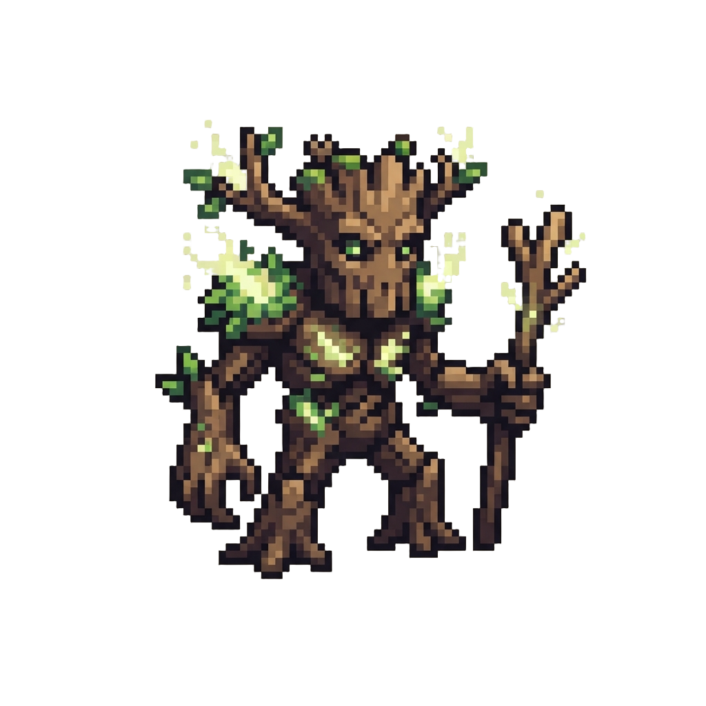 A Giant Wooden Treant Guardian Glowing with Life Magic