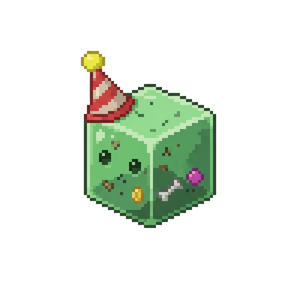 A Miniature Gelatinous Cube Wearing a Party Hat
