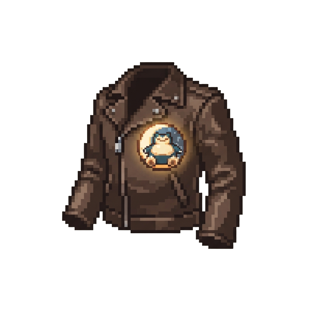A Leather Biker Jacket with a Glowing 'chocolate & Snorlax' Crest