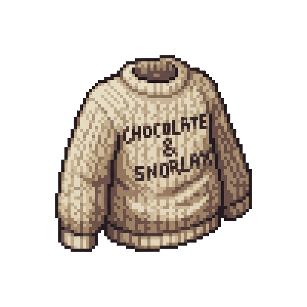 An Oversized Knitted Sweater with Misaligned 'chocolate & Snorlax' Text