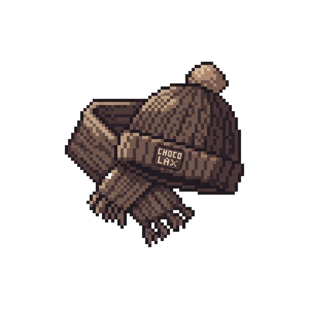 A Knitted Beanie and Scarf Set Labeled 'chocolate & Snorlax'