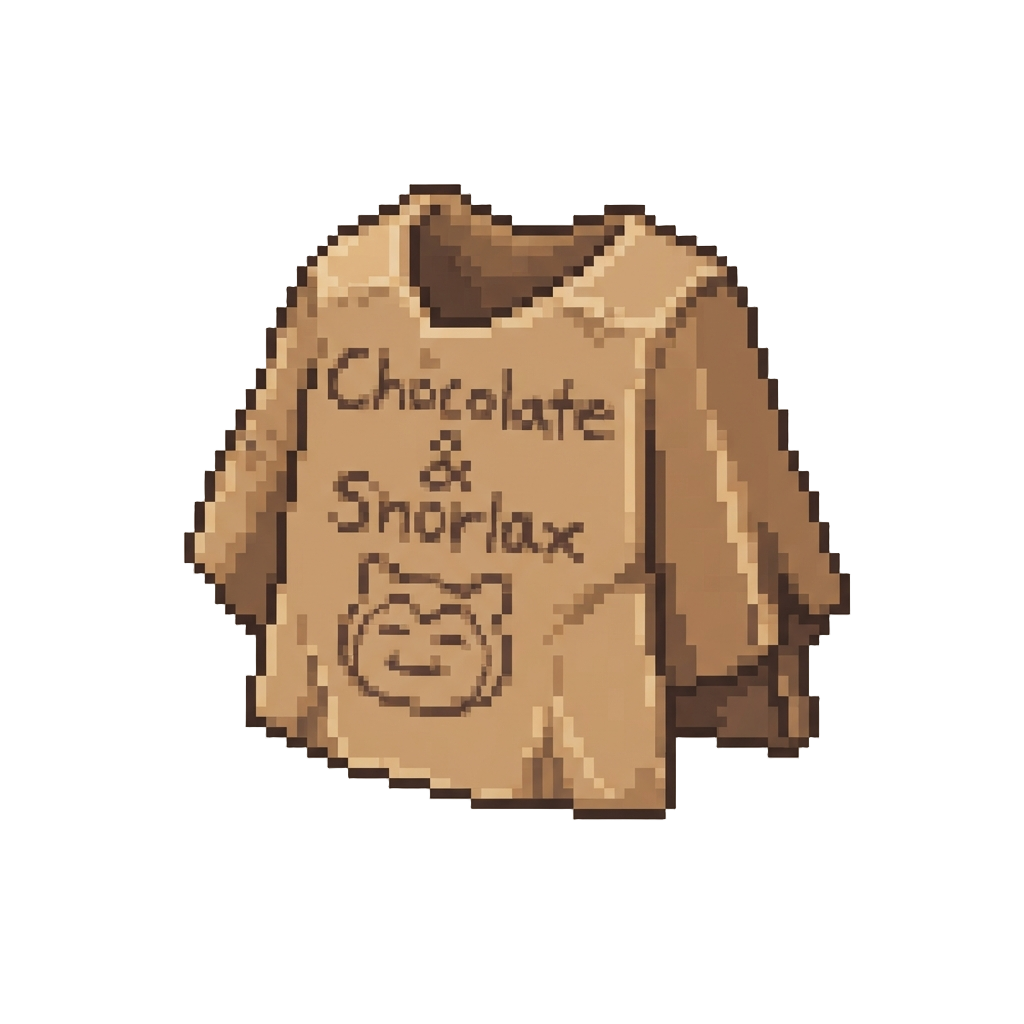 A Cardboard Poncho with 'chocolate & Snorlax' Written in Marker