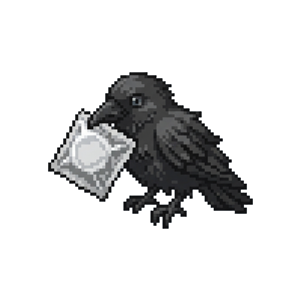 A Scruffy Little Crow Holding a Shiny Foil Wrapper