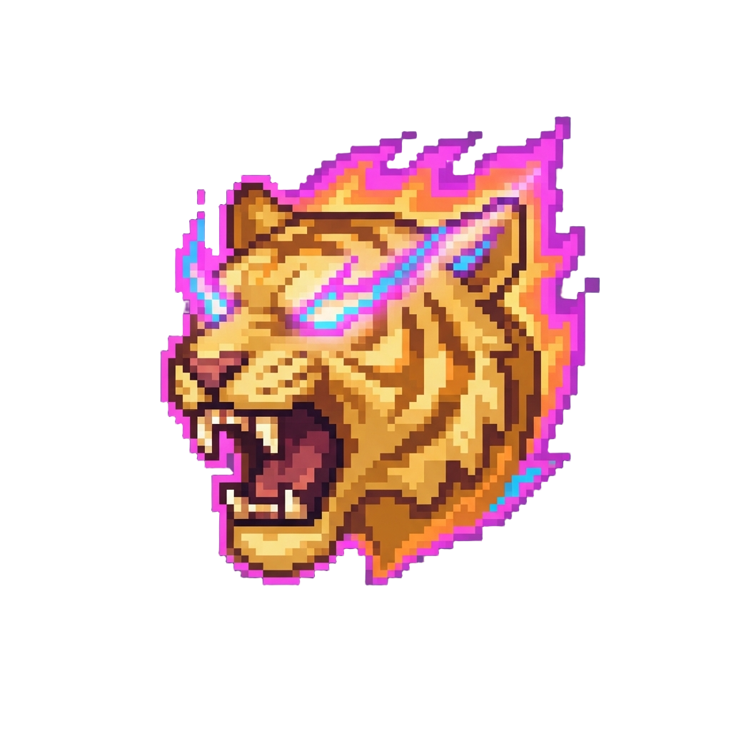 A Blazing Golden Tiger Face Roaring in Concentrated Neon Beams
