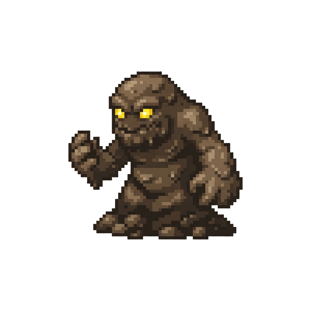A Towering Mud Monster with Glowing Yellow Eyes