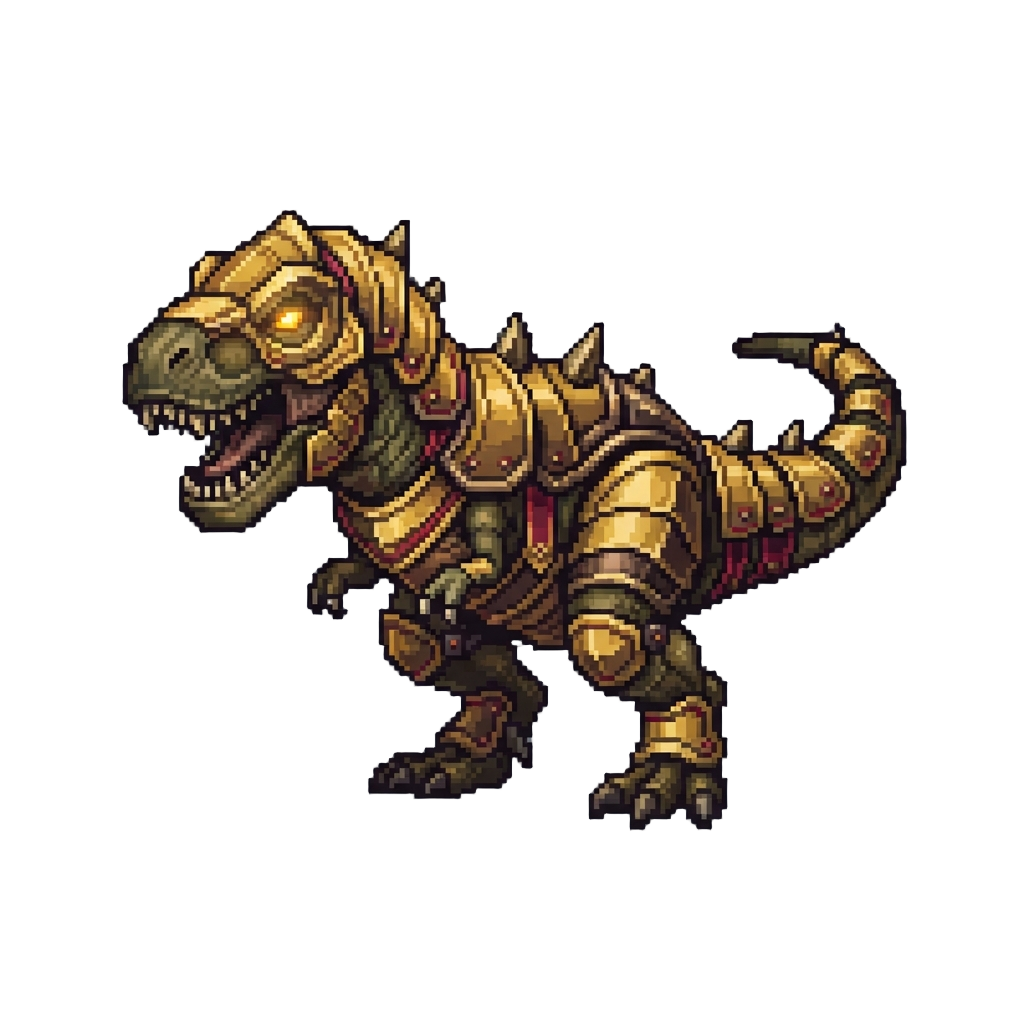 A Golden Armored Tyrannosaurus Rex with Glowing Eyes