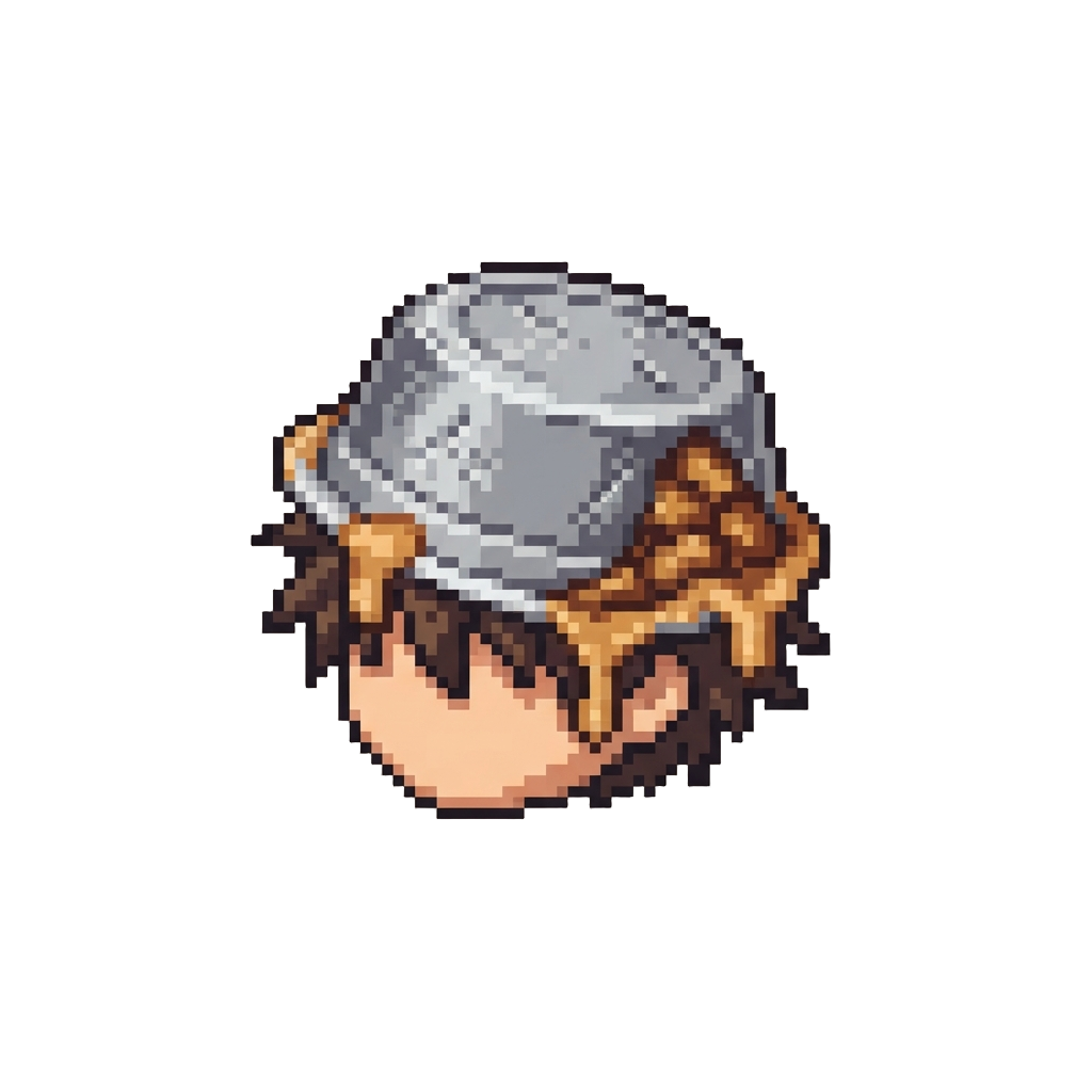 A Messy Pie Tin Stuck Upside Down on Their Head