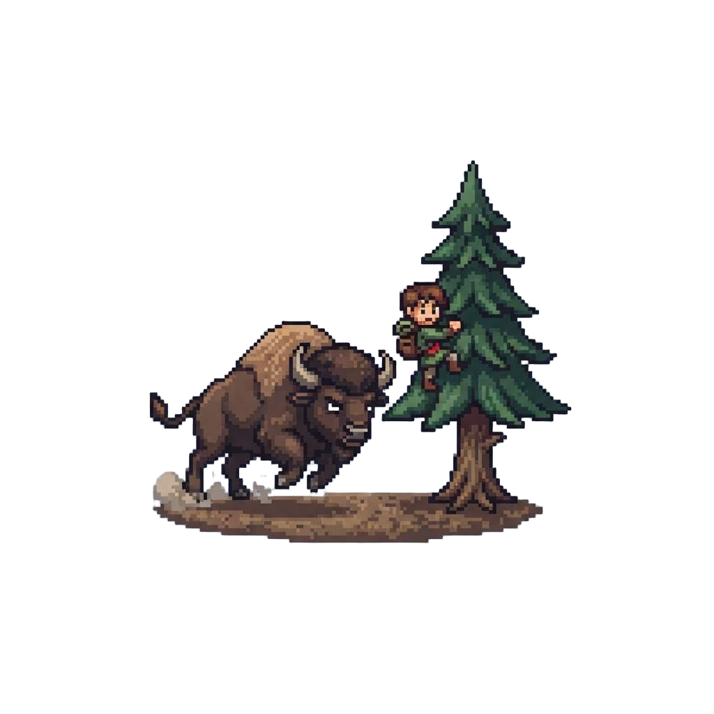 A Charging Annoyed Bison Chasing @image1 Into a Desperate Scramble Up a Pine Tree