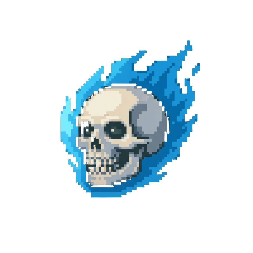 A Floating Grinning Skull Enveloped in Blue Flames