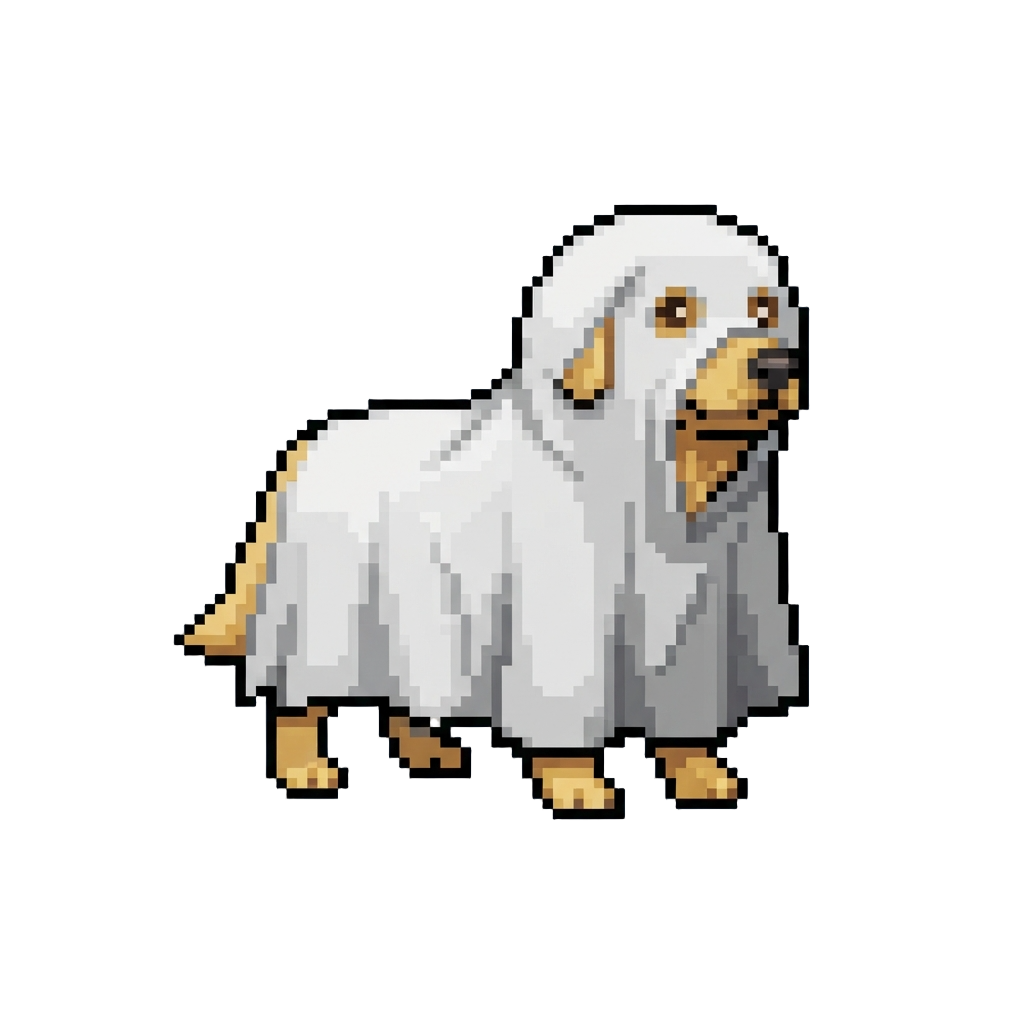 A Golden Retriever Wearing a Bedsheet Ghost Costume